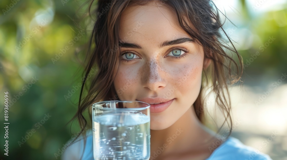 Portrait of young beautiful dark-haired woman wearing blue t-shirt drinking water at summer green park. Portrait of young beautiful dark-haired woman wearing blue t-shirt drinking water at summer green park.