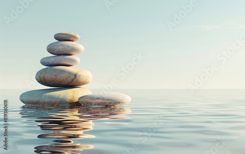 Stacked smooth stones balanced in tranquil water under a clear sky.
