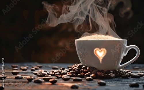 Steaming coffee cup with heart-shaped vapor among scattered beans.
