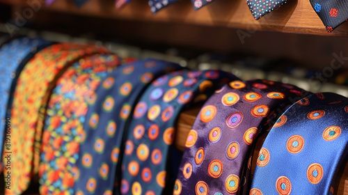 close-up of row of colorful tie collection at a men's high-end tailored clothing shop