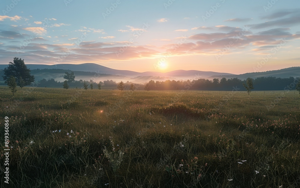 Sunrise over a serene field with distant mountains and scattered trees.