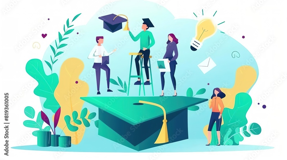 Create a modern, fun, and engaging illustration of a group of diverse students celebrating their graduation Create a modern, fun, and engaging illustration of a group of diverse students celebrating their graduation