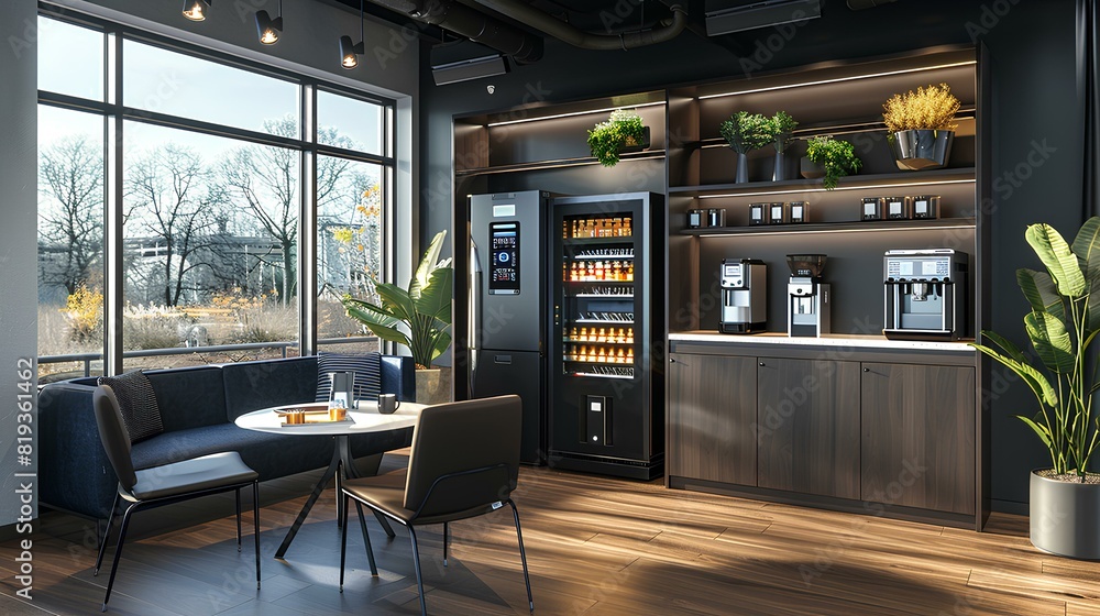 Modern Office Break Room with Beverage Station,A stylish office break room featuring a beverage station with coffee machines and a fridge, complemented by comfortable seating.
Modern Office Break Room with Beverage Station,A stylish office break room featuring a beverage station with coffee machines and a fridge, complemented by comfortable seating.