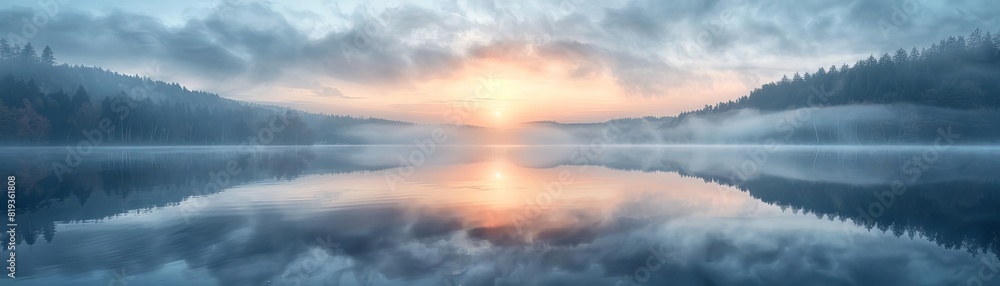 A serene lakeside sunrise with mist rising from the water, detailed reflections and soft light, promoting landscape beauty and tranquility A serene lakeside sunrise with mist rising from the water, detailed reflections and soft light, promoting landscape beauty and tranquility
