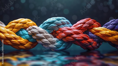 Team rope diverse strengths connect partnership teamwork unity communicates support. Strong diverse network rope team concept integrates braid color background cooperation empower power.