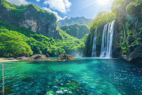 Waterfall near tropical beach among rocks.