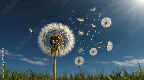 Beautiful puffy dandelions and flying seeds against blue sky on sunny day. Genrative.ai  