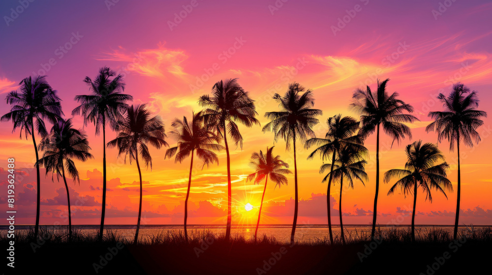 tropical sunset on en beach with palms