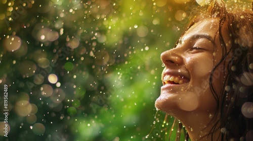 A woman is happily smiling with water dripping down her hair while taking a shower in the rain, enjoying the leisure of being surrounded by nature during her travel AIG50