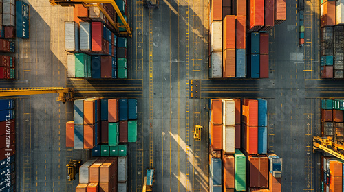 A high-angle view of a container yard with stacked containers and cranes, highlighting logistics in cargo transport.