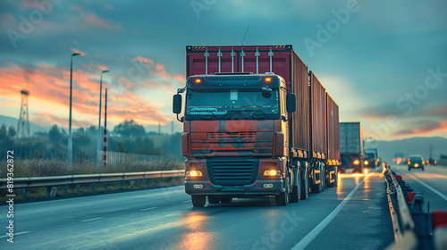 A close-up of a truck hauling a container on a highway, illustrating road transport's role in the supply chain.
