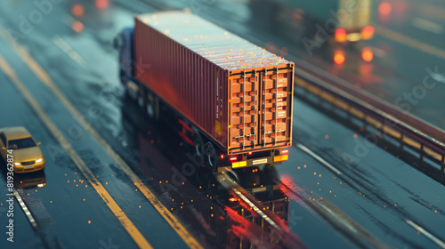A close-up of a truck hauling a container on a highway, illustrating road transport's role in the supply chain.