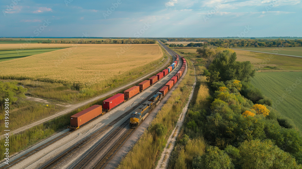 An aerial shot of a freight train carrying containers through a rural area, emphasizing rail transport.