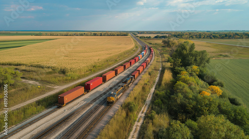An aerial shot of a freight train carrying containers through a rural area, emphasizing rail transport.
