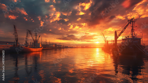 A sunset view of docks with anchored ships and calm waters  highlighting the industrial and natural beauty.