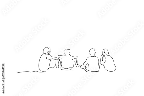 young kids boys friends sitting together outside back view relax time one line art design vector