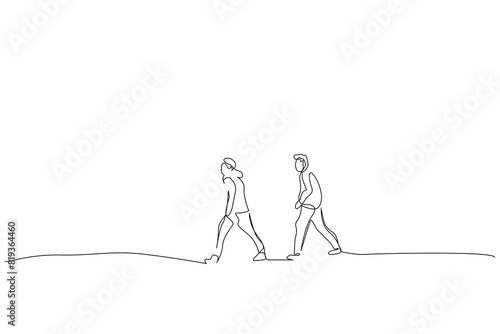 male people nature walking far away walk one line art design vector