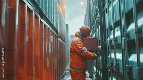 Close-up of a worker inspecting containers for quality, ensuring proper handling. photo