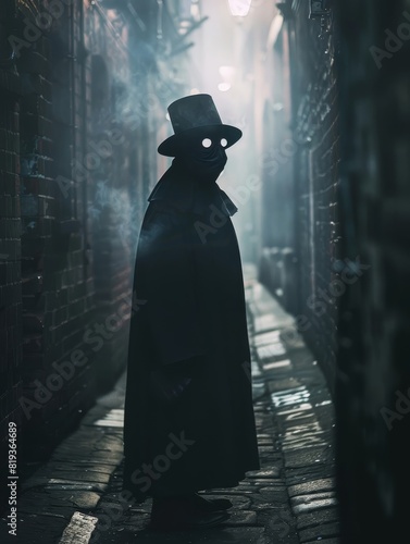 A shadowy character shrouded in mist stands under a lamppost on a cobblestone alley, evoking mystery and suspense