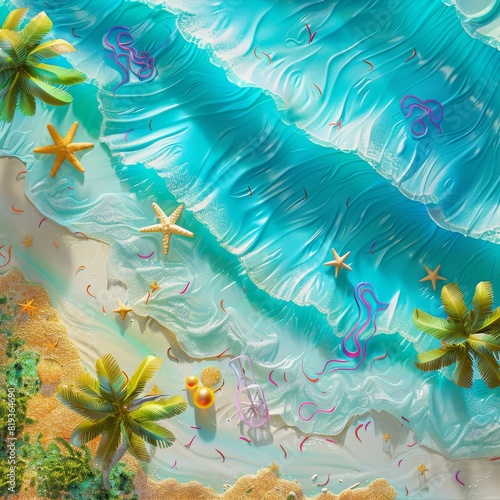 Sea beach top view summer holiday background backdrop. Top view 3d beach clay style  copy space for your text.