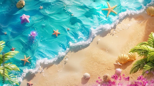 Sea beach top view summer holiday background backdrop. Top view 3d beach clay style, copy space for your text.
