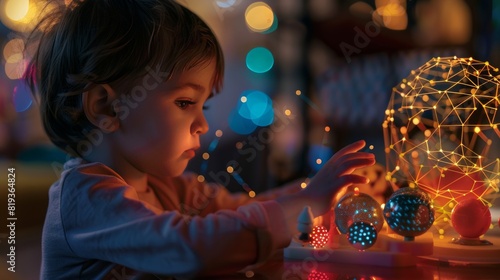 A scene of a child interacting with an educational AI toy that displays neural network patterns, playful and engaging atmosphere, focus on learning and technology, photorealistic