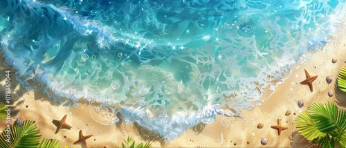 Sea beach top view summer holiday background backdrop. Top view 3d beach clay style  copy space for your text.