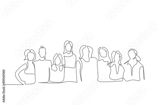 women group business finance hug pose business life family portrait one line art design vector