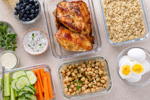 Healthy meal prep containers on kitchen counter