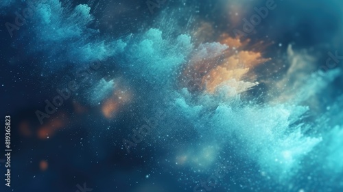 Abstract digital artwork of dynamic blue particles with glowing elements and dark background. Shiny glowing glitter with blue wallpaper. Digital design of bright night sky with bright star. AIG35.