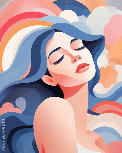 Minimalistic portrait of a lovely woman in flat abstract memphis style, pastel blue and orange