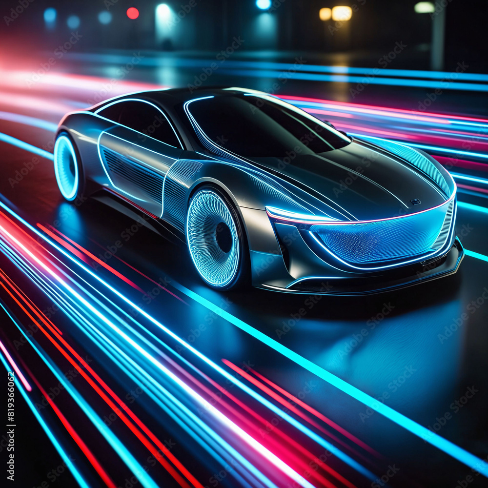 Futuristic Car Gliding on a Neon Highway. Night drive through metropolis of the future. Futuristic cityscape with neon lights. Cutting-edge technology and speed. High velocity. Generative AI