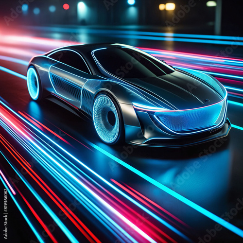 Futuristic Car Gliding on a Neon Highway. Night drive through metropolis of the future. Futuristic cityscape with neon lights. Cutting-edge technology and speed. High velocity. Generative AI © JR Digital Art