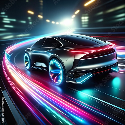 Futuristic Car Gliding on a Neon Highway. Night drive through metropolis of the future. Futuristic cityscape with neon lights. Cutting-edge technology and speed. High velocity. Generative AI