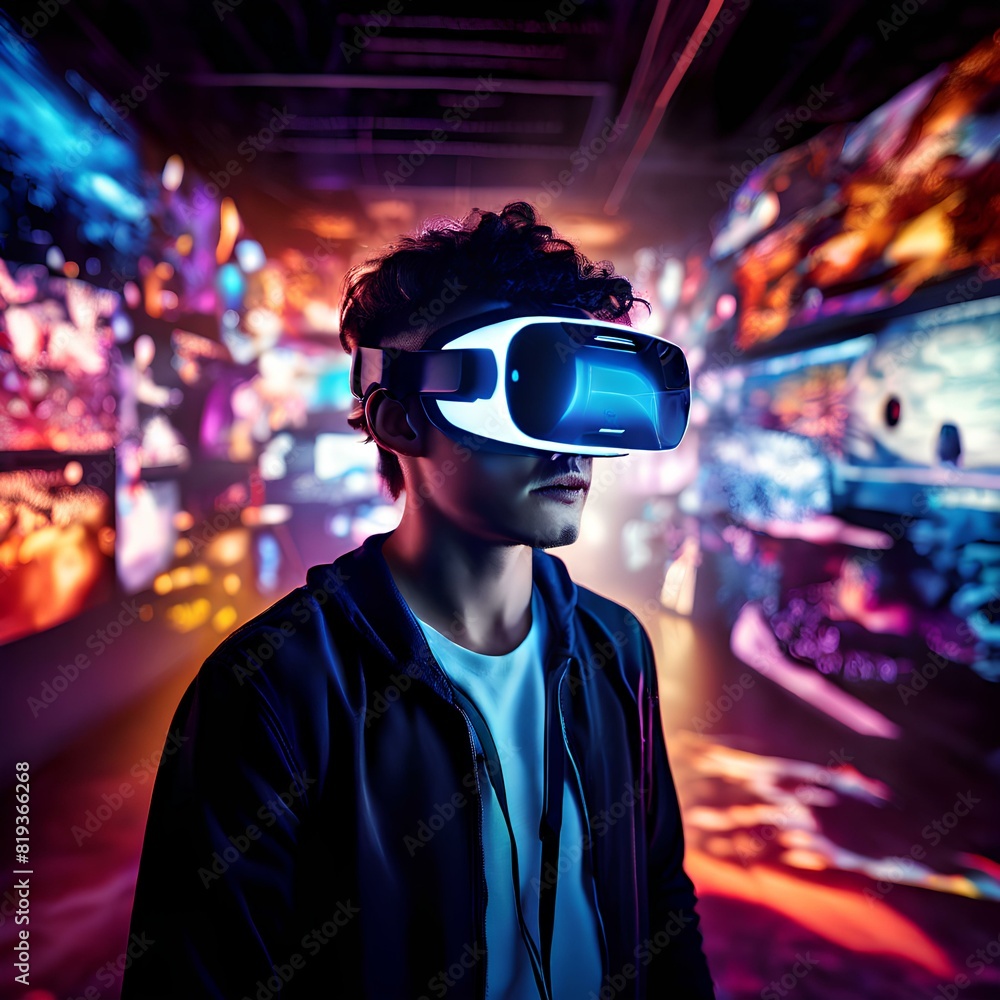 photo of a user wearing modern black and white vr glasses deep in a lively vivid digital landscape photo of a user wearing modern black and white vr glasses deep in a lively vivid digital landscape