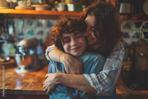 Mother hugging her teenage son in the kitchen
