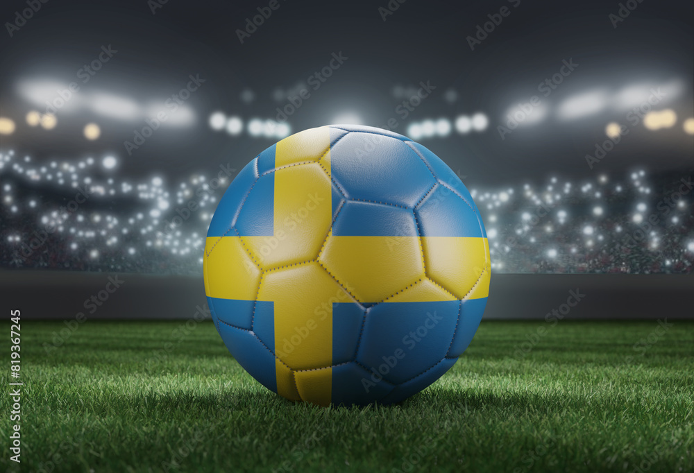 Naklejka premium Soccer ball in flag colors on a bright blurred stadium background. Sweden. 3D image