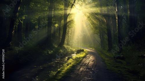 Yellow sunlight streaming through a forest path, highlighting the green foliage and peaceful atmosphere. The bright warming sunlight shine in to the forest through tree create calm atmosphere. AIG35.