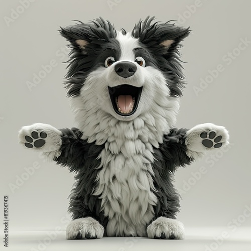 Chubby cute furry border collie with belly and funny expression  standing on two hind legs  3d figure  two forelegs in front  white background 