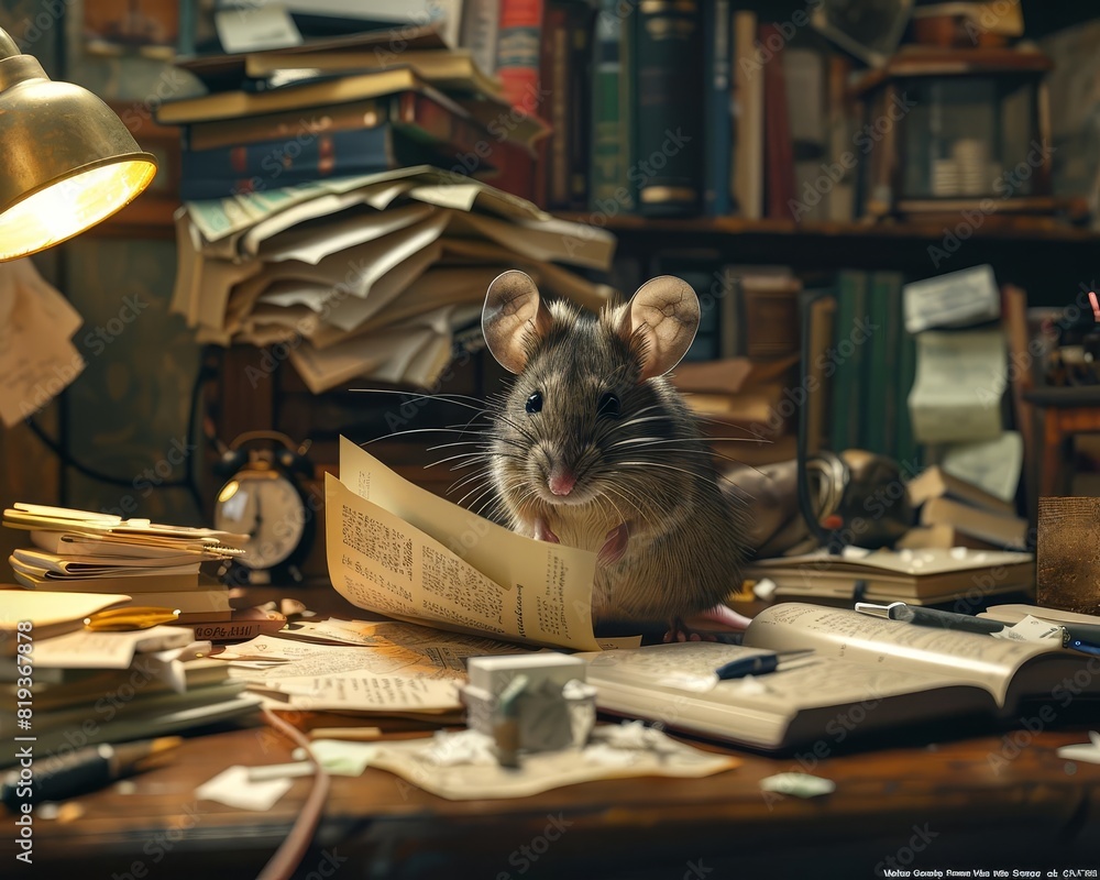A mouse scurrying across a cluttered desk in a home office, with papers and books scattered around