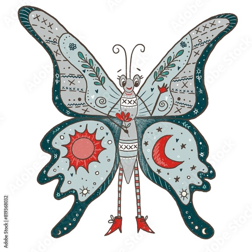 Butterfly stylized decorative illustration, humanized butterfly with flowers in hand, wearing striped stockings and shoes, with ornament on wings