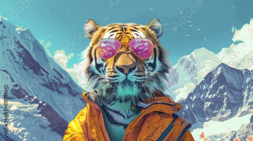 a cute tiger in mountains wearing sunglases and summer outfit photo