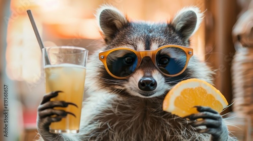 Racoon with sunglasses with cocktail drink in summer time funny animal