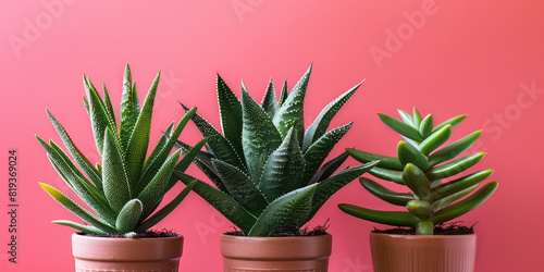 Different cute houseplants with leaves on colored background with copy space.