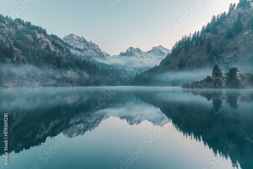 A serene and picturesque view of a misty lake surrounded by lush evergreen trees and majestic snow-capped mountains. 