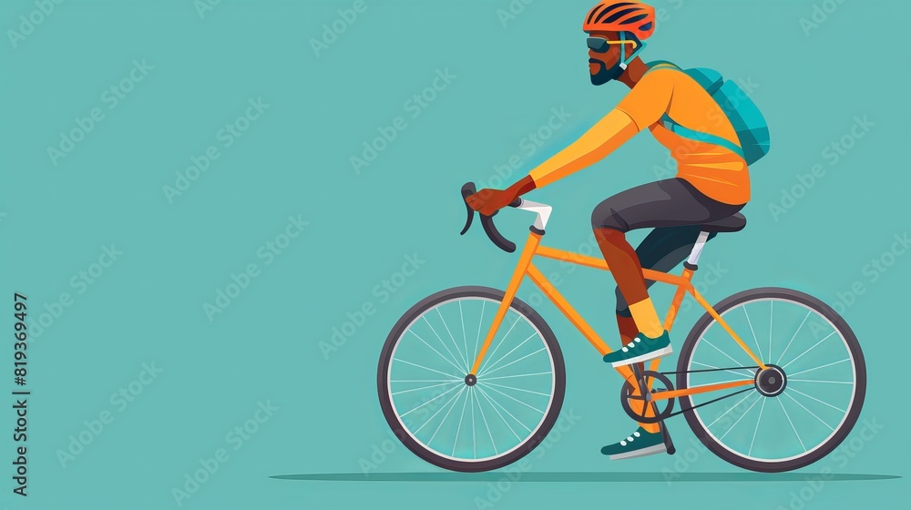 Fototapeta premium full body view of african american riding bike with a helmet, the entire bike in view, side view, daytime