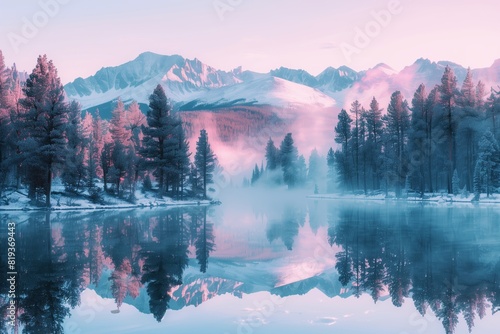 A tranquil mountain lake enveloped in a serene mist at dawn. The scene features towering pine trees along the shoreline  with majestic mountains in the background.