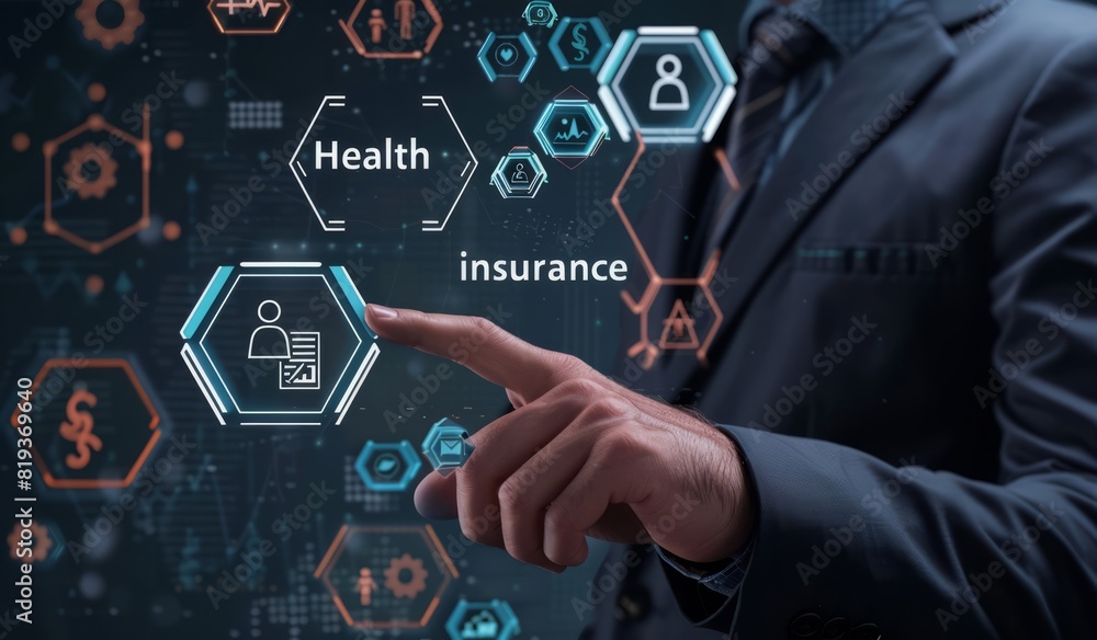 Health insurance,Businessman touching on virtual screen with text Health insurance,Businessman touching on virtual screen with text