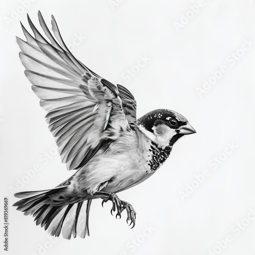 House Sparrow Bird Pencil Sketch Hand Drawn Black and White Depiction of Passer Domesticus on a Blank White Background