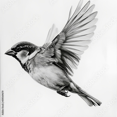 House Sparrow Bird Pencil Sketch Hand Drawn Black and White Depiction of Passer Domesticus on a Blank White Background